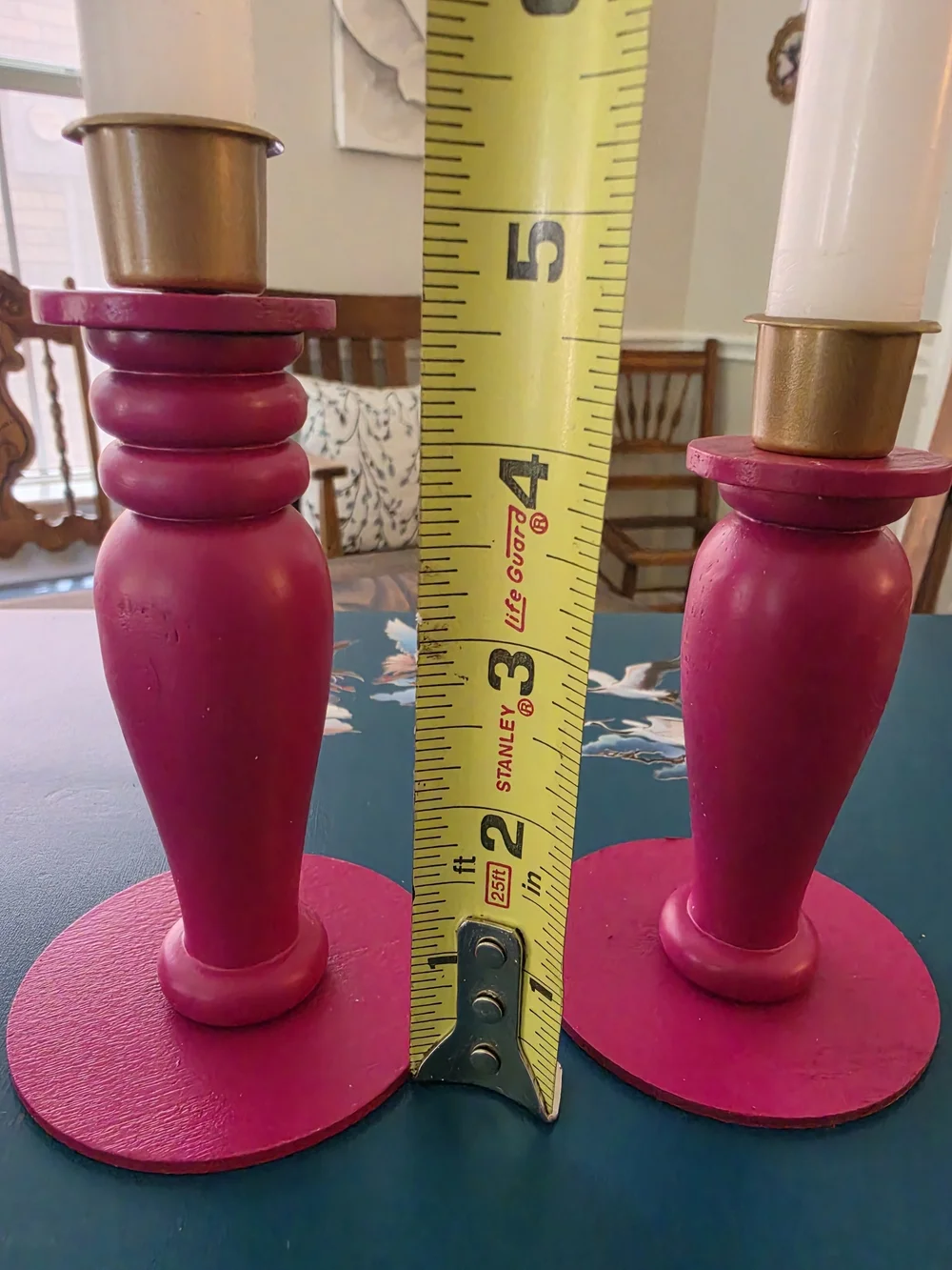 Set of 2 Wood Taper Candle Holder Candlesticks Pink Painted Gold Metal Cups 5in